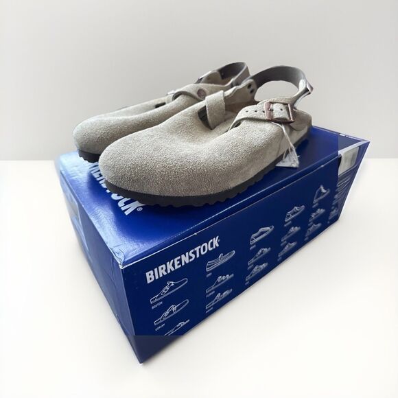 Birkenstock Tokio Suede Taupe Sz 40 EU NWT Narrow Fit - Picture 1 of 6